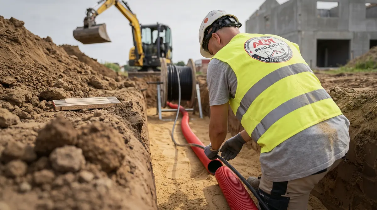 Kabels en mantelbuizen in een sleuf op de werf