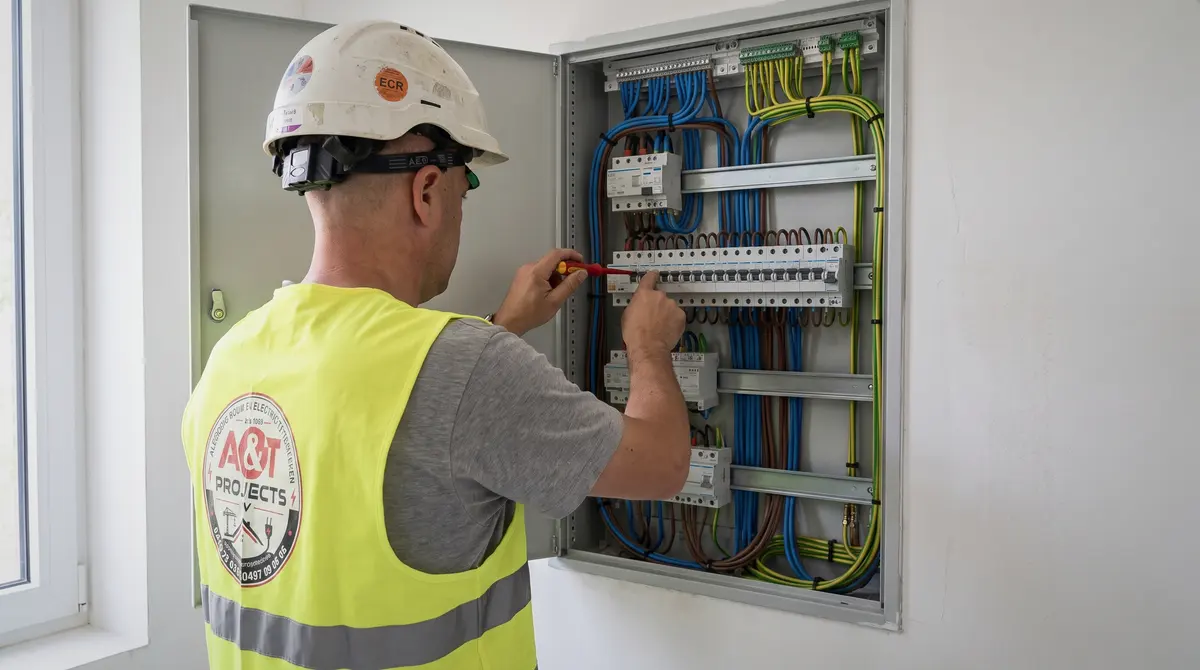 Elektricien van A&T Projects werkt aan een verdeelbord
